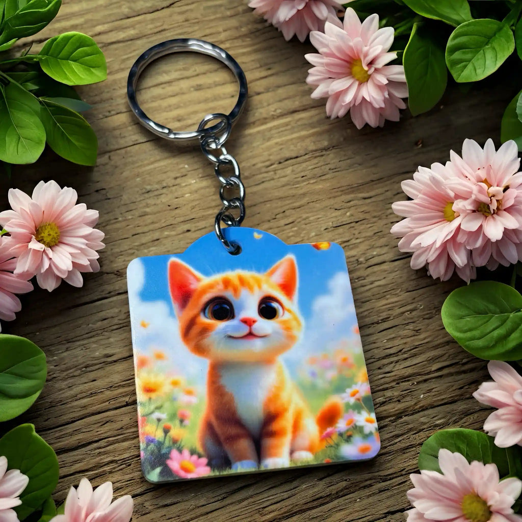Side view of Cute Ginger Kitten Wildflower Meadow keyring, showcasing a whimsical ginger cat amongst brightly coloured flowers by Laser Design Creations.
