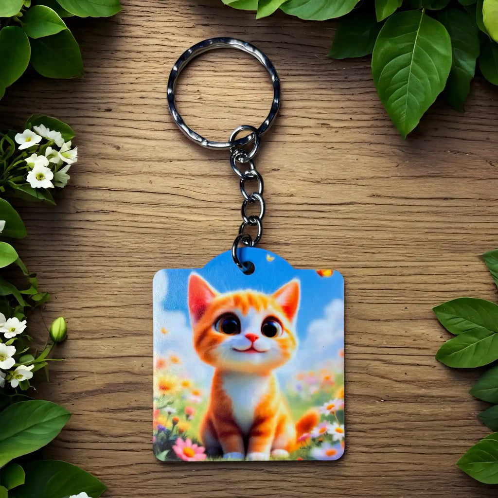 Cute Ginger Kitten Wildflower Meadow keyring by Laser Design Creations, featuring a charming, highly detailed digital art image of a playful kitten in a floral field.
