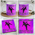 Yes It's A Sport Pole Dancing mug and coaster combo gift set collage, humorous pole dancer silhouette on a bold, vibrant purple background, by Laser Design Creations.
