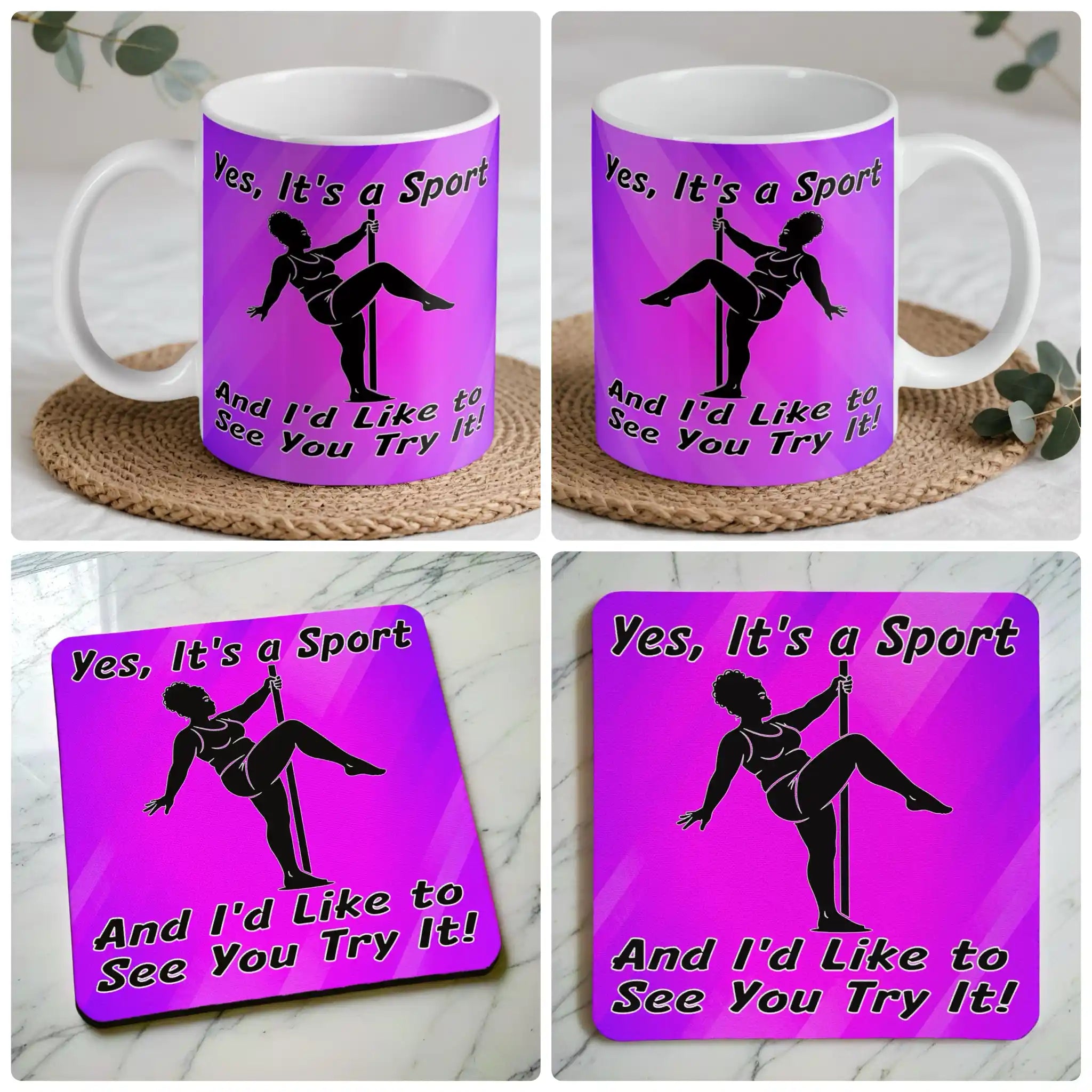 Yes Its A Sport Pole Dancing mug and coaster combo gift set collage, bold purple silhouette theme and solid background, by Laser Design Creations.