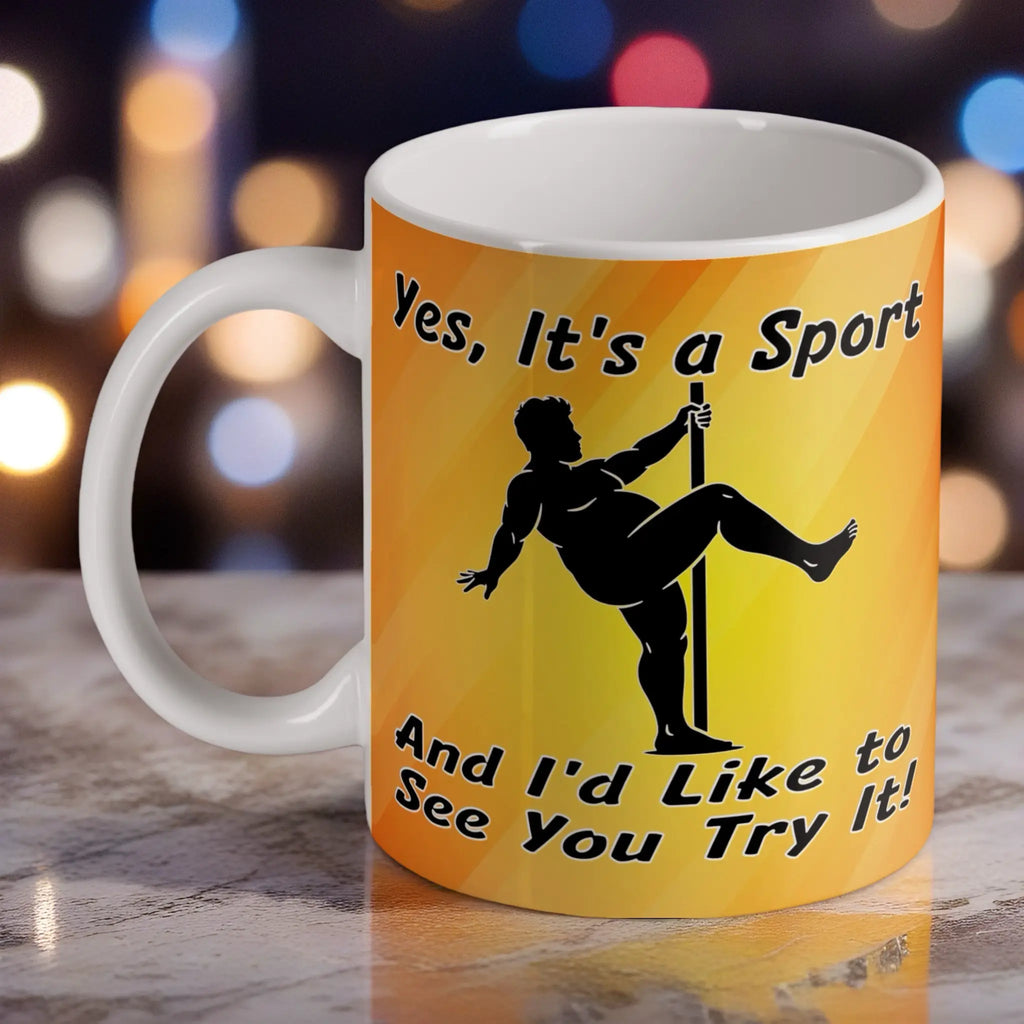 Yes It's a Sport Dad Bod Pole Dancer ceramic mug by Laser Design Creations, featuring a funny silhouette vector of a man with a dad bod pole dancing and the humorous fitness quote on a clean white background.