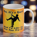 Reverse side of Yes It's a Sport Dad Bod Pole Dancer mug, displaying the funny silhouette of a man with a dad bod pole dancing and the witty quote by Laser Design Creations.