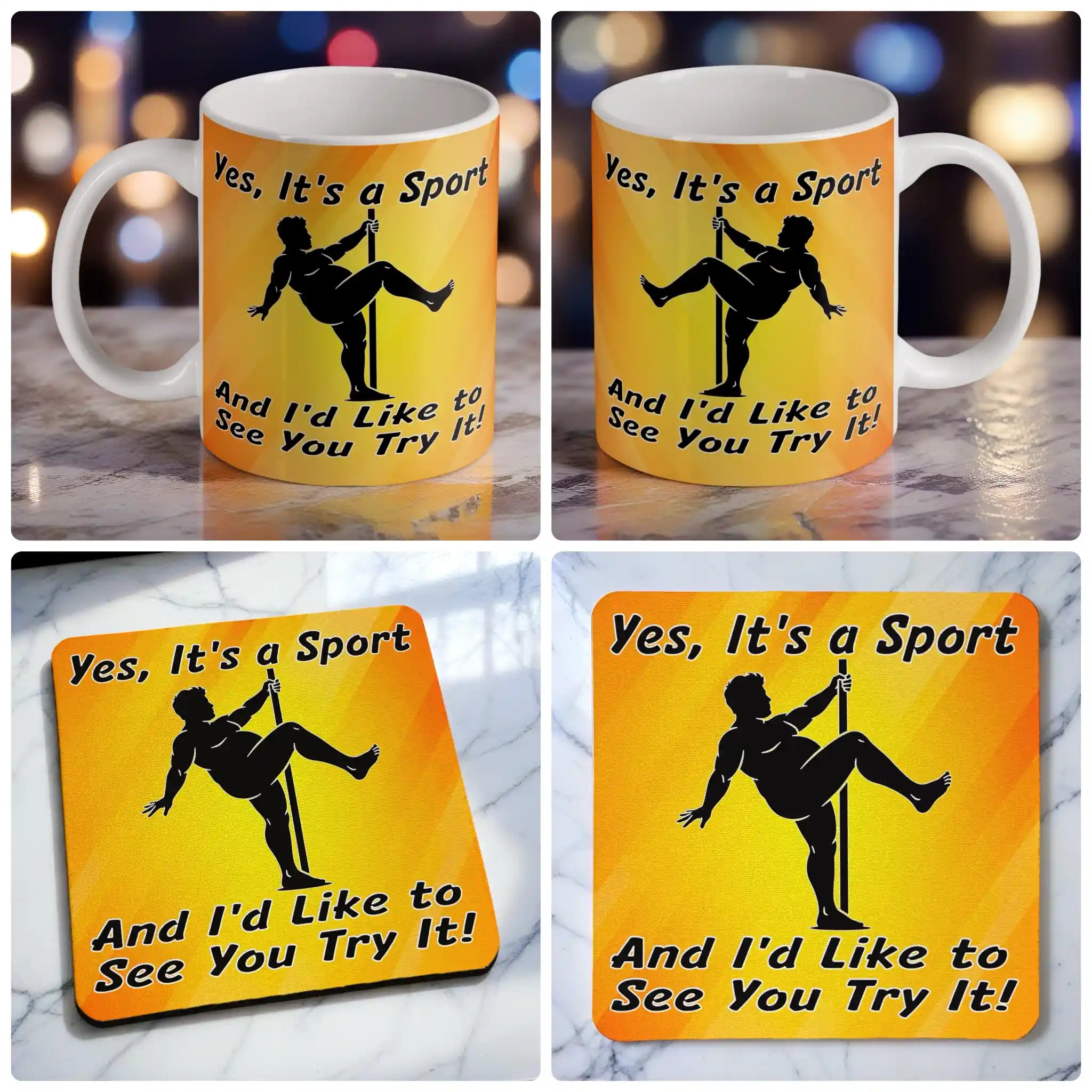Yes It's a Sport Dad Bod Pole Dancer mug and coaster combo gift set collage, featuring a humorous silhouette of a man with a dad bod pole dancing on a plain background, by Laser Design Creations.