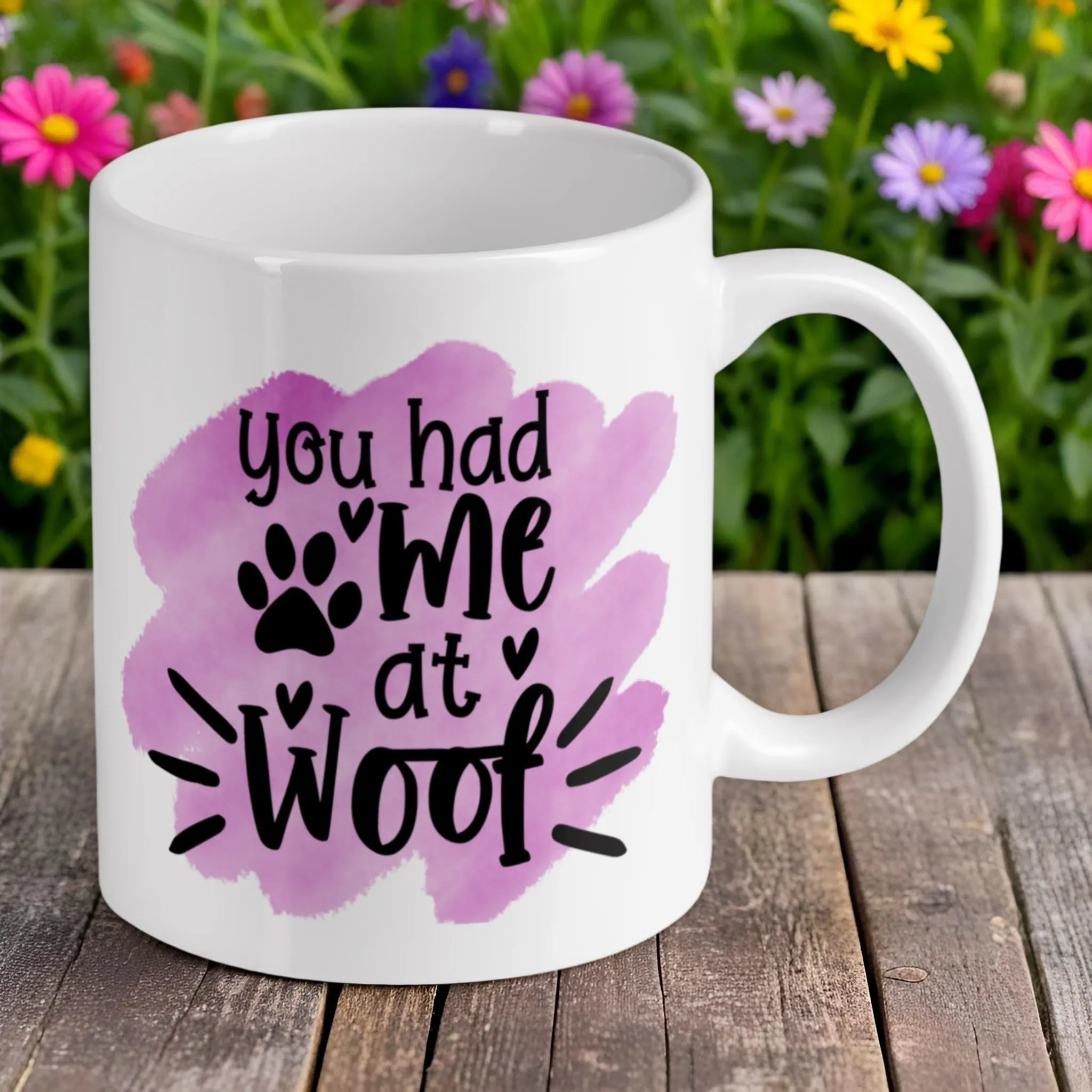 Reverse side of 'You Had Me At Woof' ceramic mug, showcasing the double-sided funny dog quote print by Laser Design Creations.