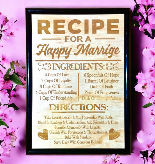 'Recipe for a Happy Marriage' - Wood Engraved Design - Laser Design Creations