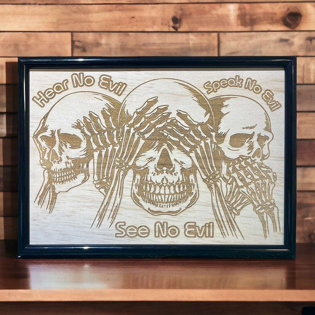 See No Evil skull wood engraved art in black frame, gothic decor with three skulls, Laser Design Creations, Australia.