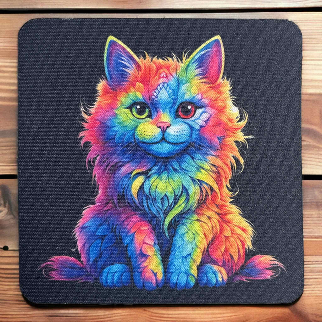 Colourful Rainbow Cat Design - Neoprene Coasters - Laser Design Creations