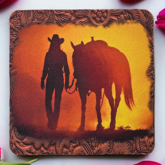Horse ‘Cowgirl’ Sunset Design - Neoprene Coaster - Laser Design Creations