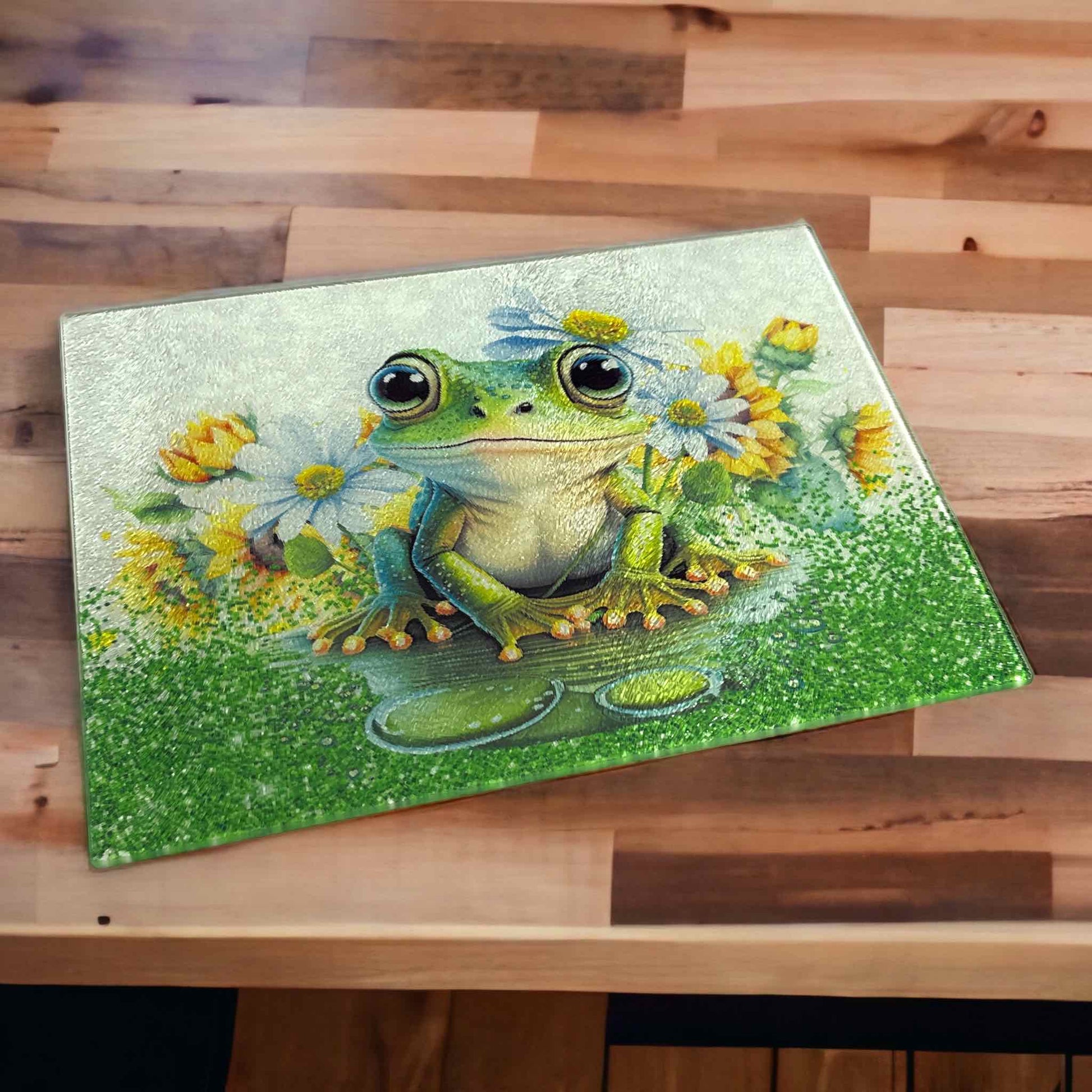 Green Tree Frog Design - Textured Glass Cutting / Serving Board - Laser Design Creations