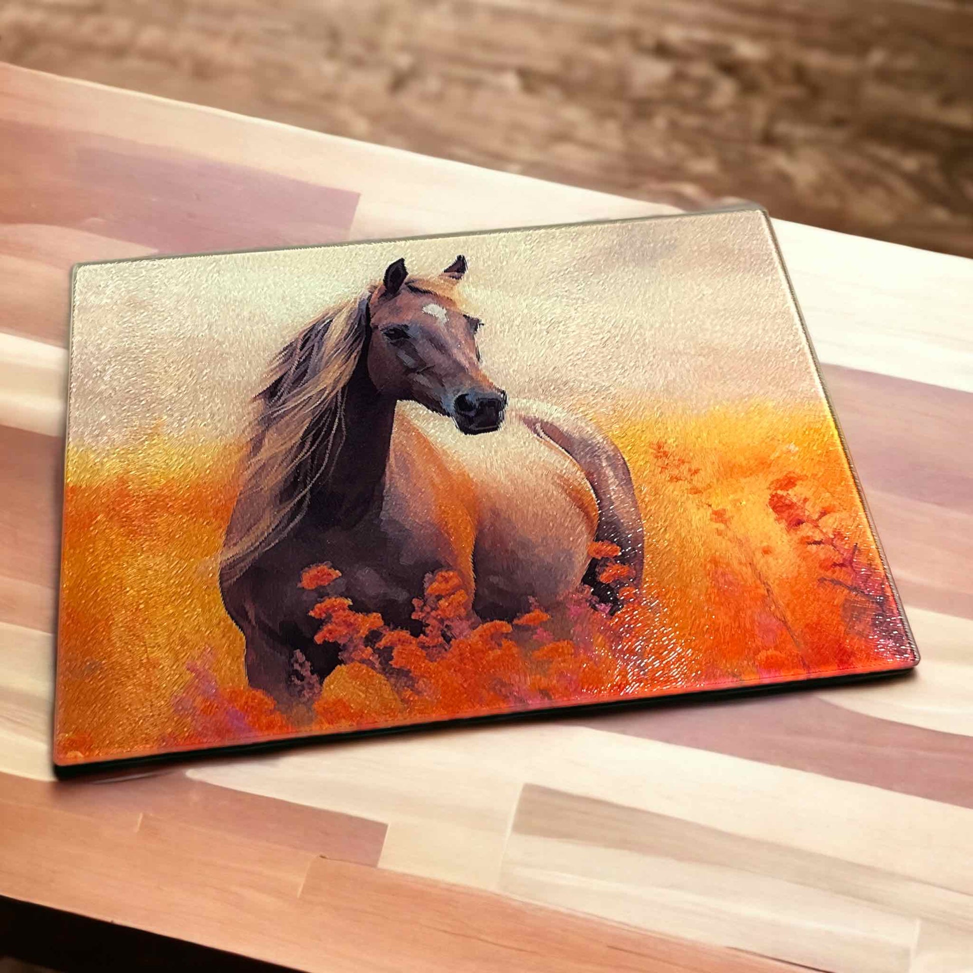 Horse in a Field of Flowers Design - Textured Glass Cutting / Serving Board - Laser Design Creations