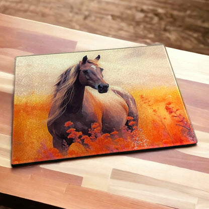 Horse in a Field of Flowers Design - Textured Glass Cutting / Serving Board - Laser Design Creations