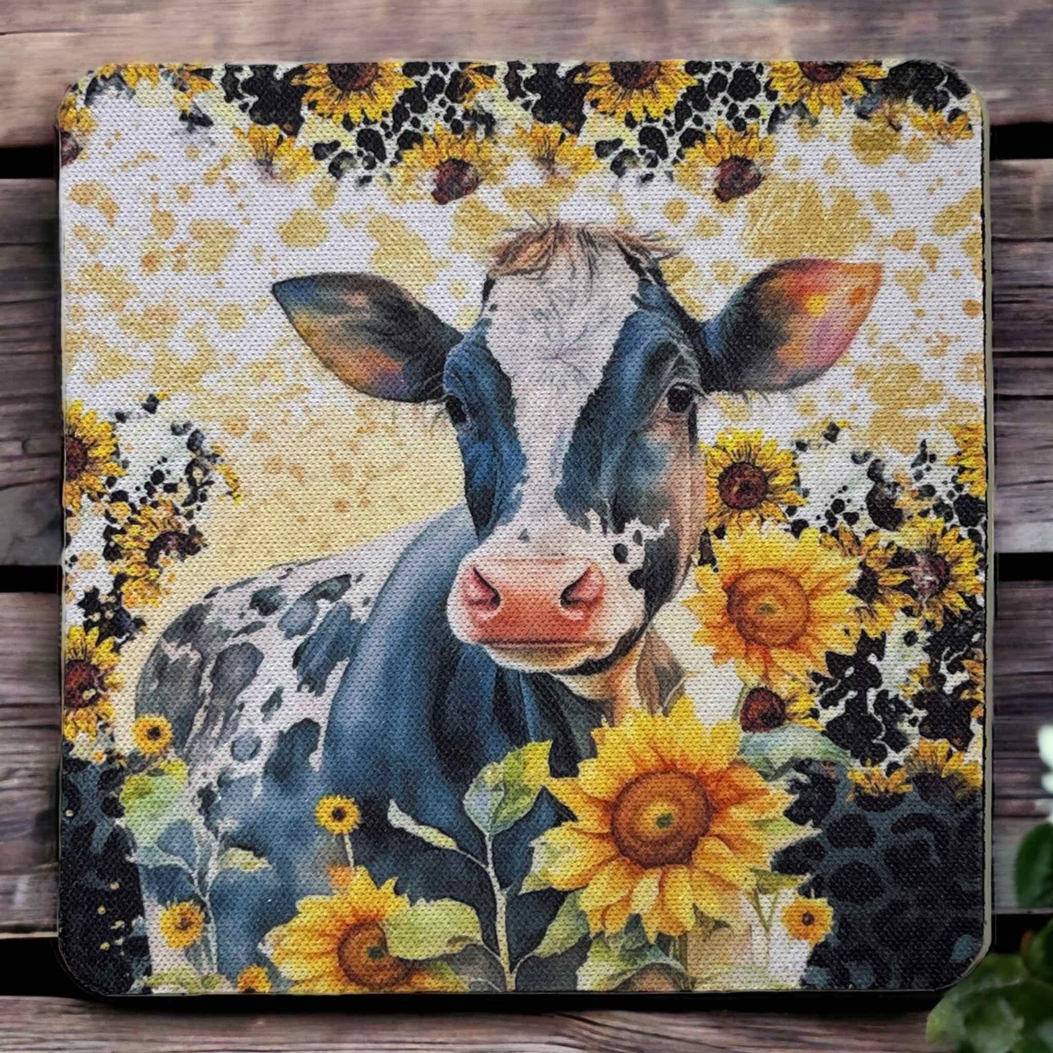 Sunflower Cow Design - Neoprene Coaster - Laser Design Creations