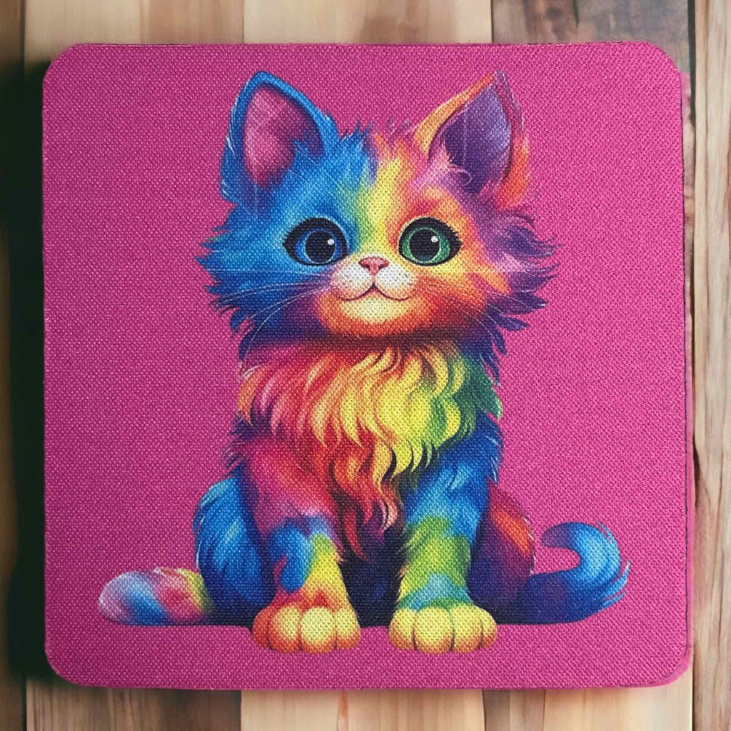 Colourful Rainbow Cat Design - Neoprene Coasters - Laser Design Creations