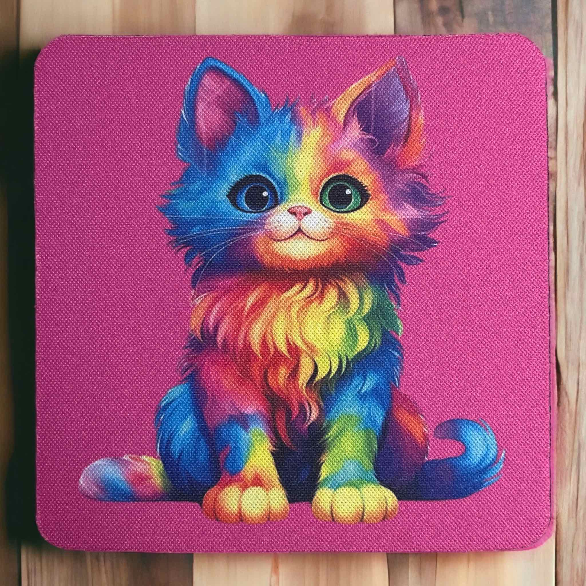 Colourful Rainbow Cat Design - Neoprene Coasters - Laser Design Creations