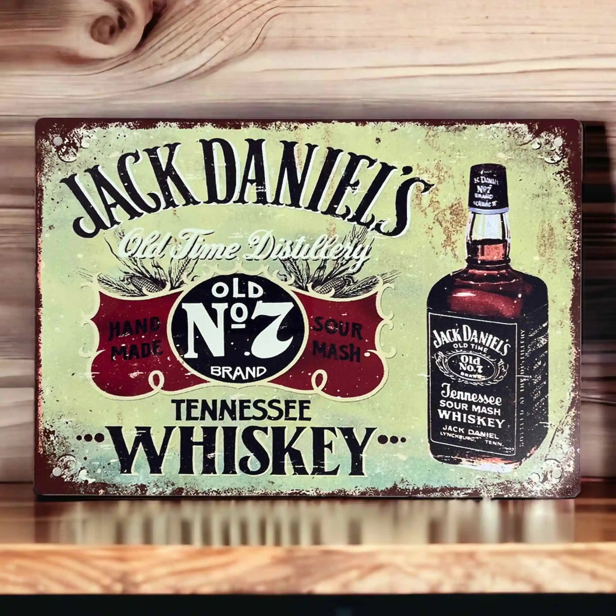 Jack Daniel's Old No 7 Novelty Aluminium Sign by Laser Design Creations, featuring the classic Tennessee Whiskey with distressed retro advertising elements.