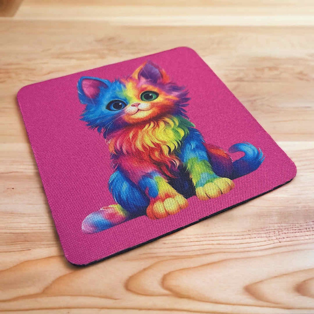Colourful Rainbow Cat Design - Neoprene Coasters - Laser Design Creations