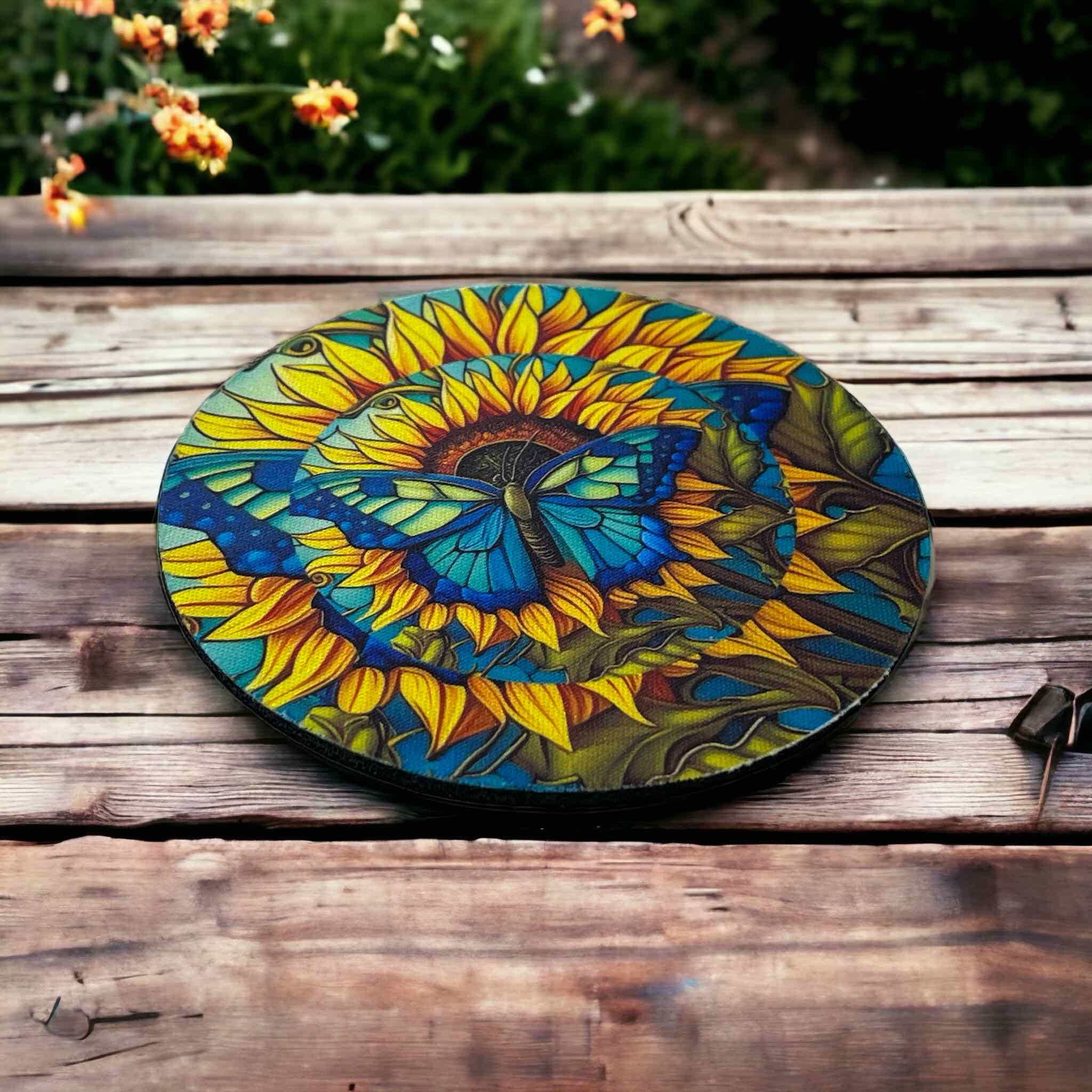Sunflower Butterfly Design - Neoprene Coaster - Laser Design Creations