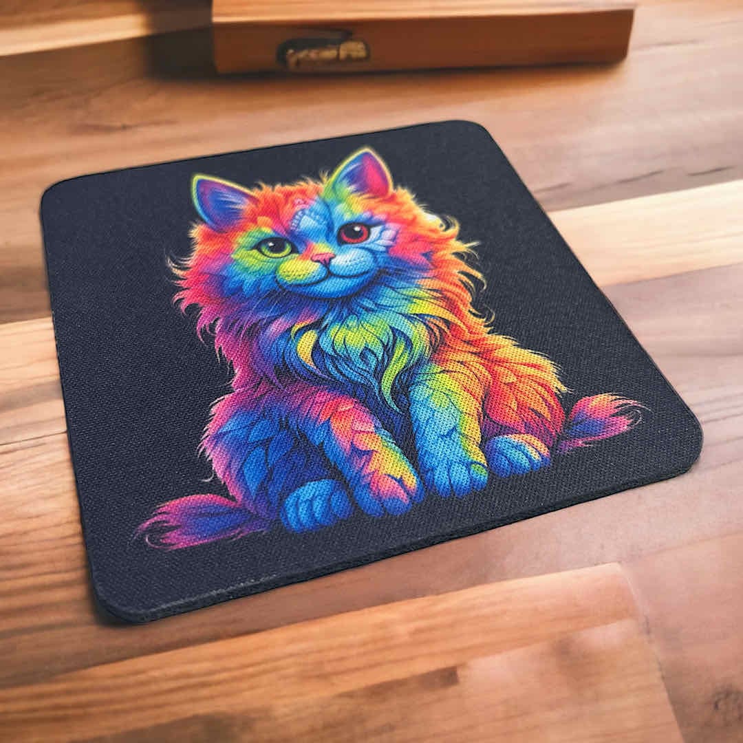 Colourful Rainbow Cat Design - Neoprene Coasters - Laser Design Creations