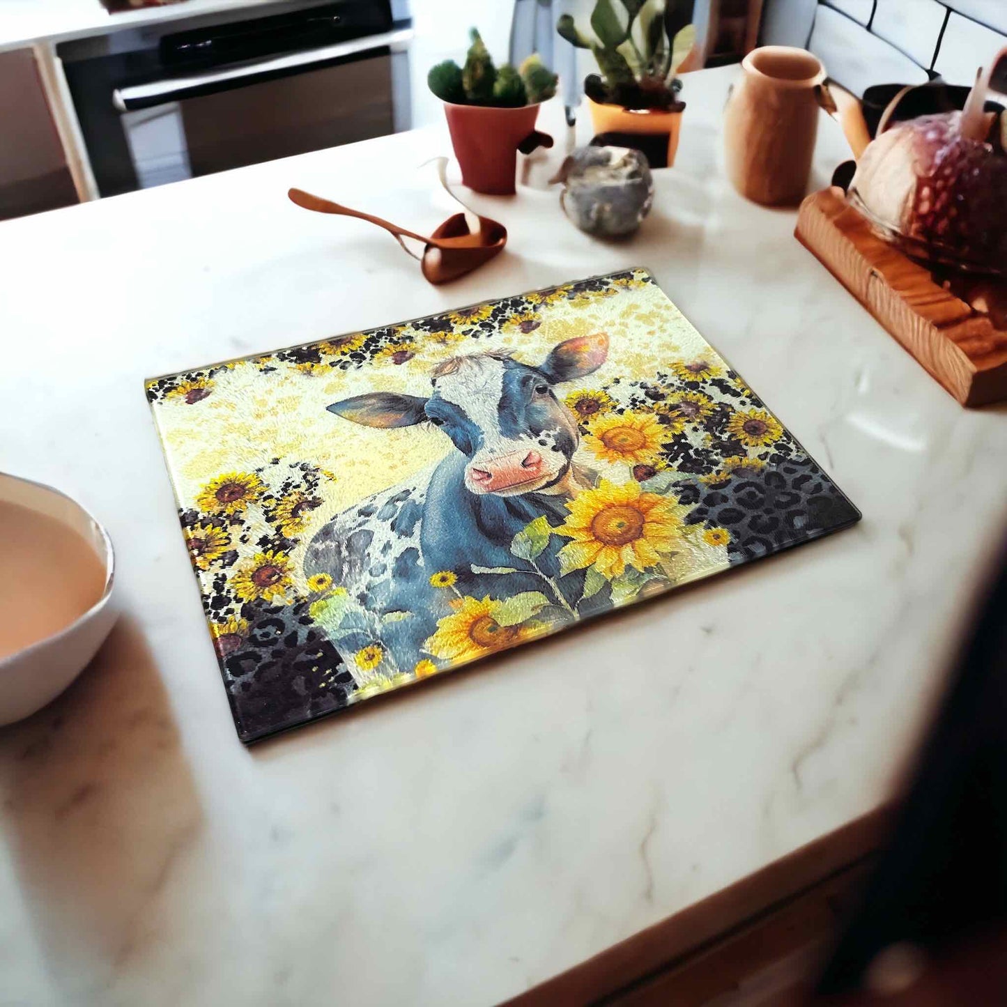 Sunflower Cow Design - Textured Glass Cutting / Serving Board - Laser Design Creations