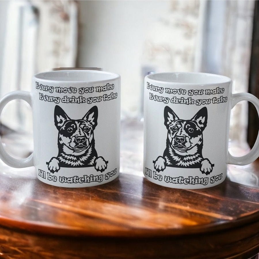 Lifestyle photo of Blue Heeler Watchful Eyes Mug on a table, Laser Design Creations.