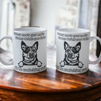 Lifestyle photo of Blue Heeler Watchful Eyes Mug on a table, Laser Design Creations.