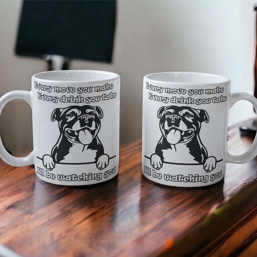 Funny Staffy dog coffee mug on wooden table, gift for dog lovers – Laser Design Creations.
