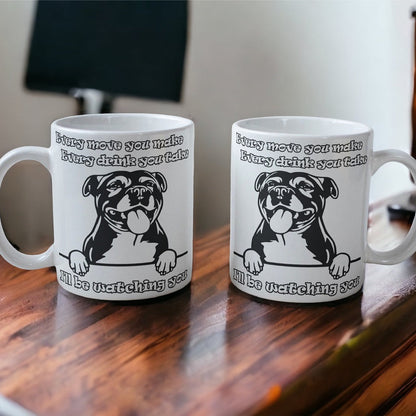 Funny Staffy dog coffee mug on wooden table, gift for dog lovers – Laser Design Creations.