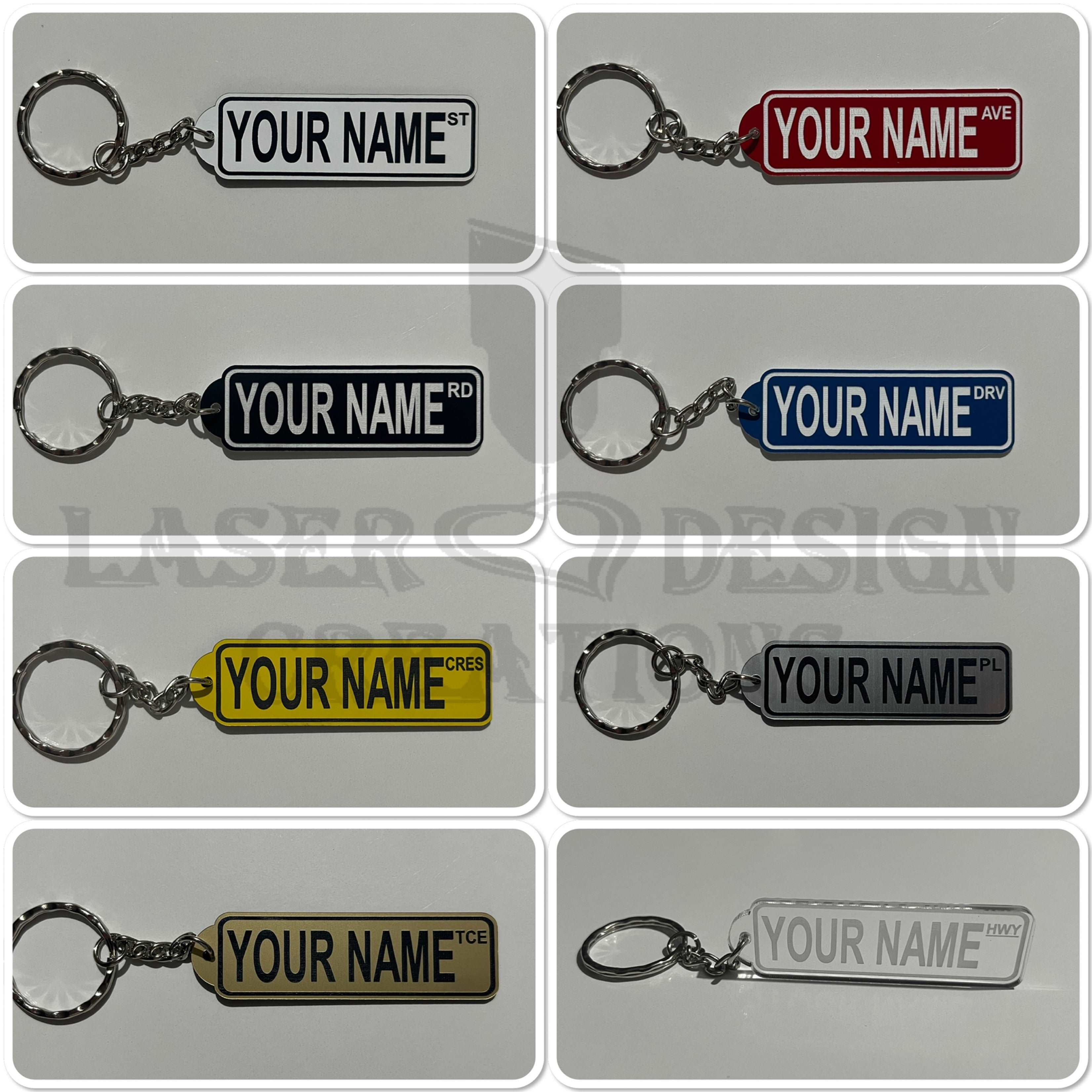 Personalised - Street Sign Acrylic Keyring - Laser Design Creations