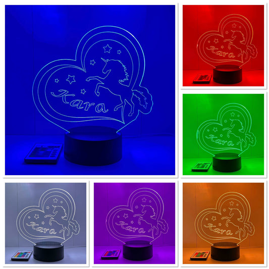 Personalised Unicorn Heart - Acrylic LED Sign / Lamp - Laser Design Creations